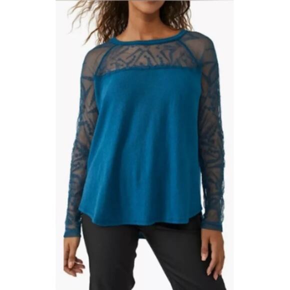 New ~ FREE PEOPLE ~ Women's Blue Sidney Embroidered Mixed Media Blouse Top Sz S - Picture 1 of 9